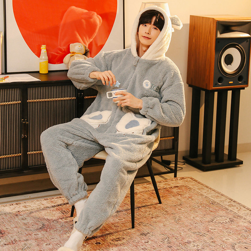 秋冬季男士冬款加绒连体珊瑚绒睡衣 戴蜜睡衣/家居服套装