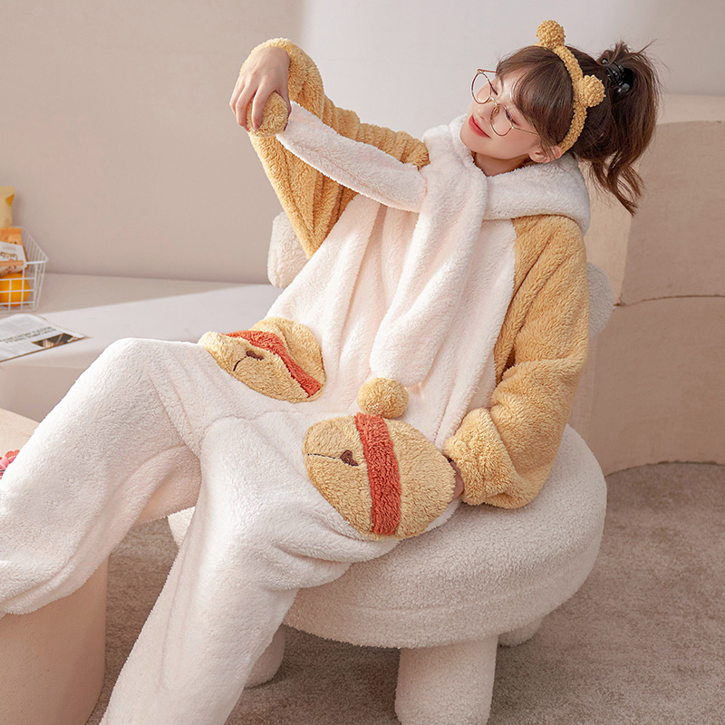 珊瑚绒连体秋冬季加绒可爱冬天睡衣 戴蜜睡衣/家居服套装