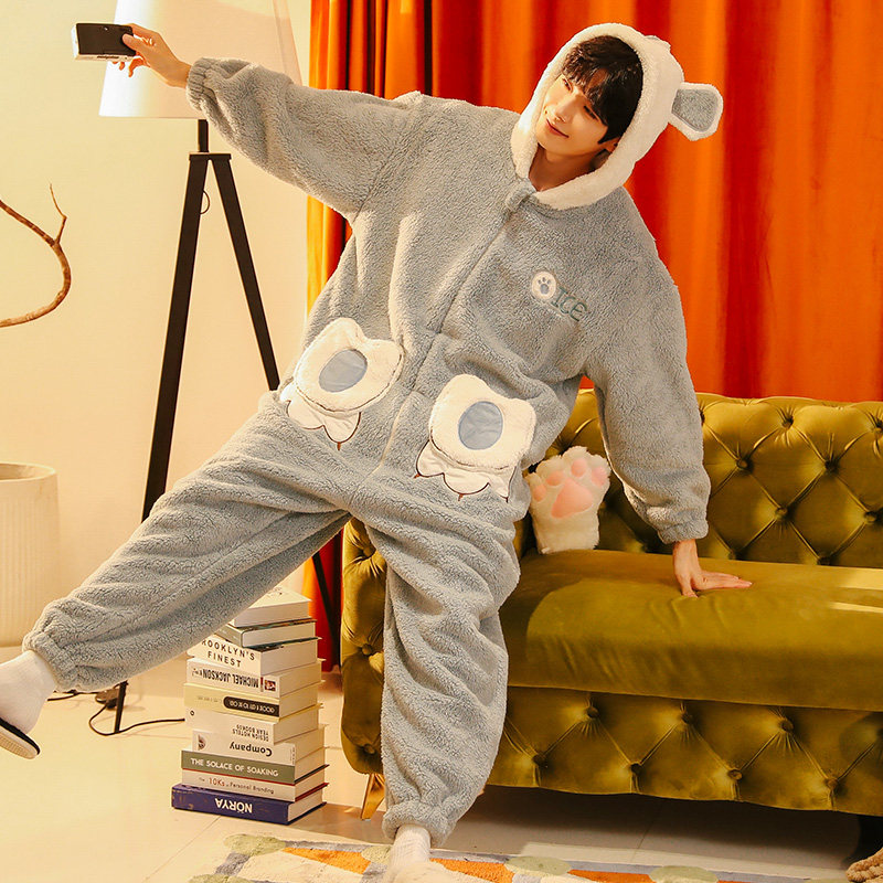秋冬季男士冬款加绒连体珊瑚绒睡衣 戴蜜睡衣/家居服套装