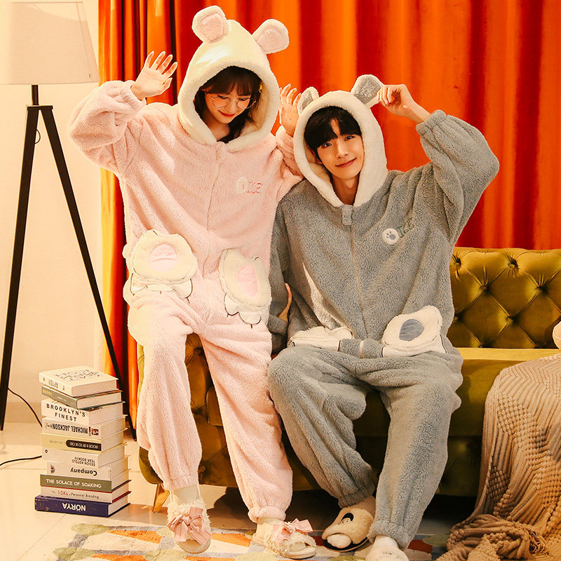 情侣冬季加绒珊瑚绒连体男士睡衣 戴蜜睡衣/家居服套装