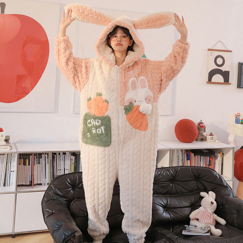 连体秋冬季珊瑚绒卡通萝卜兔睡衣 戴蜜睡衣/家居服套装