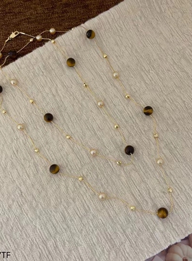 高级感小众虎眼石项链女长款日常通勤叠戴仿珍珠锁骨链气质颈链