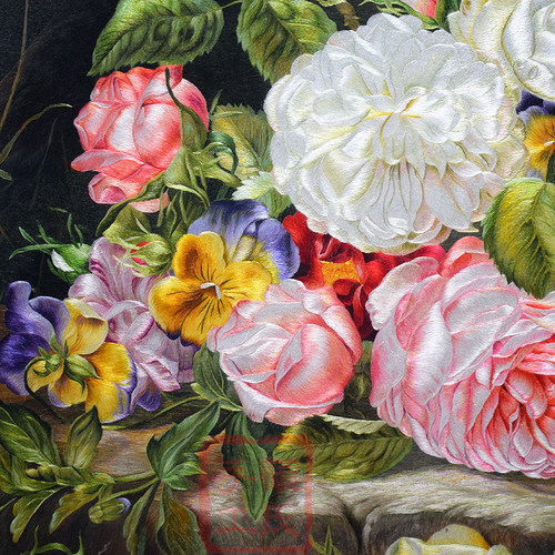 115*115顾氏精品苏绣牡丹 现代油画风格富贵牡丹 花团锦簇客厅画 - 图1