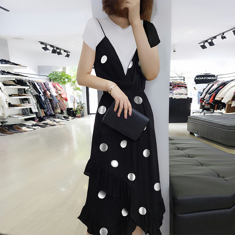 短袖2020假两件雪纺波点中长款裙子 梵莉思女装连衣裙