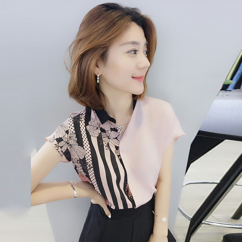 欧洲站夏装2020新款复古短袖t拼接 梵莉思女装衬衫