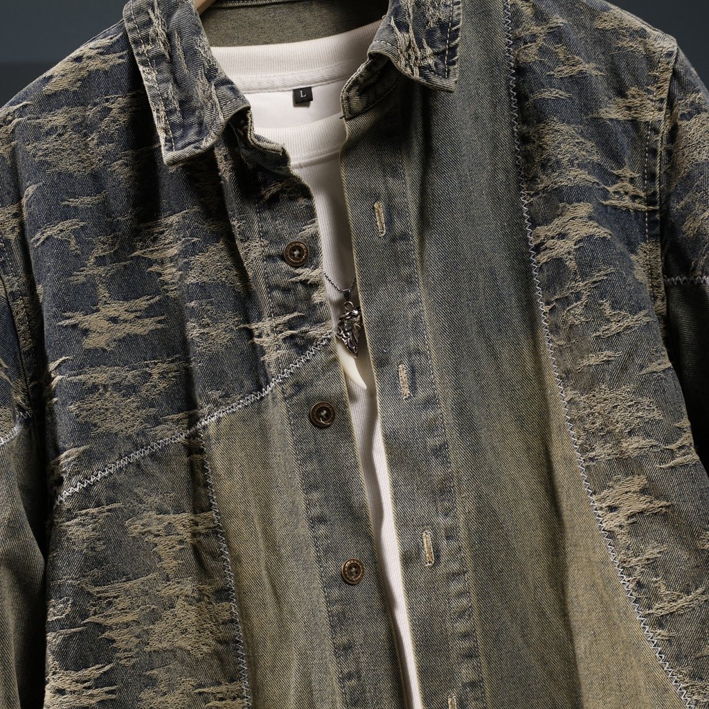 牛仔衬衫男士2025秋冬新款高端提花复古水洗翻领休闲长袖衬衣外套,淘宝优惠券,粉丝福利购,淘宝优惠卷