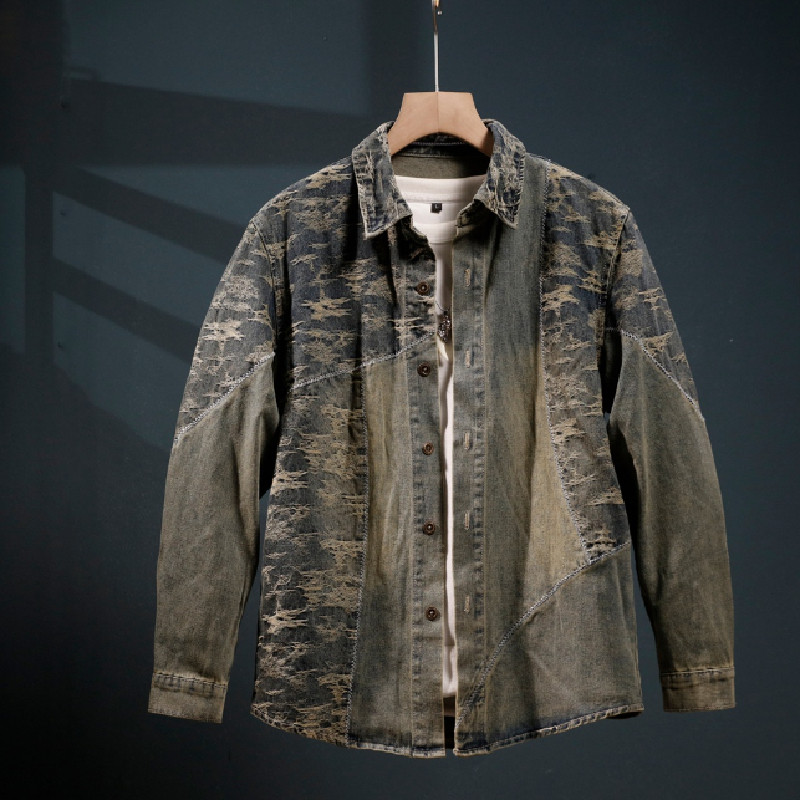 牛仔衬衫男士2025秋冬新款高端提花复古水洗翻领休闲长袖衬衣外套,淘宝优惠券,粉丝福利购,淘宝优惠卷