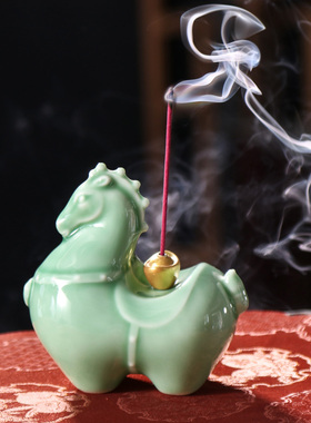 陶瓷家居唐马线香插香炉客厅摆件