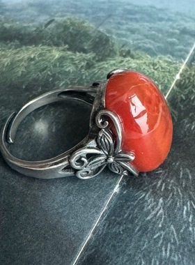 南红霸气大戒面925银戒指