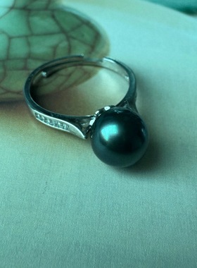 等 天然海水大溪地黑珍珠95银戒指