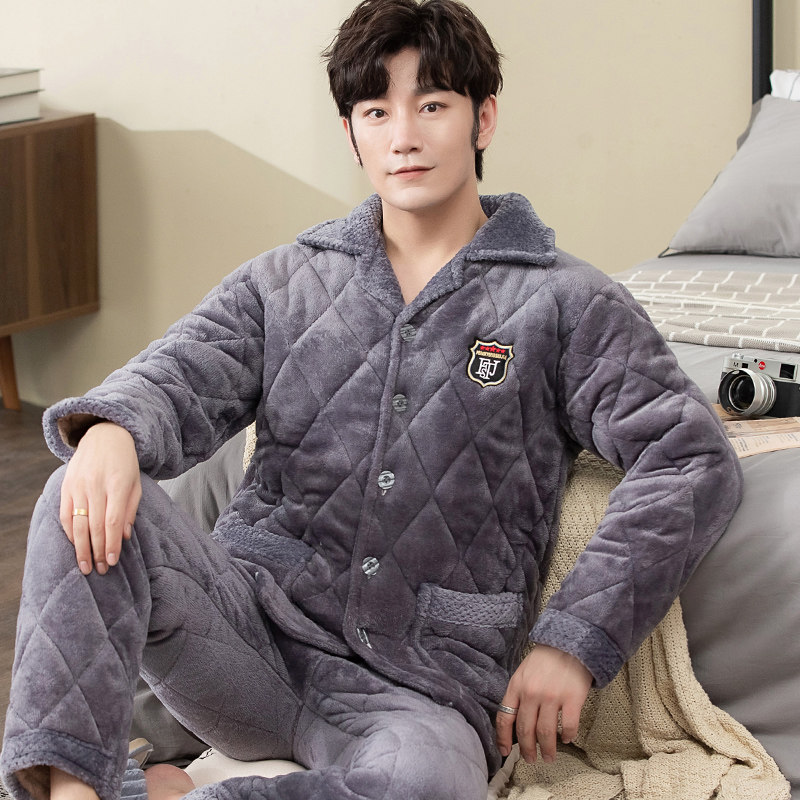 男士冬季珊瑚绒加绒三层夹棉睡衣 丰腾世家睡衣/家居服套装