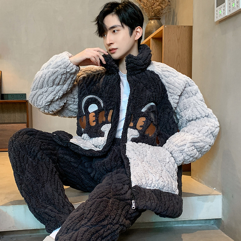 男士冬季珊瑚绒加绒三层夹棉睡衣 丰腾世家睡衣/家居服套装