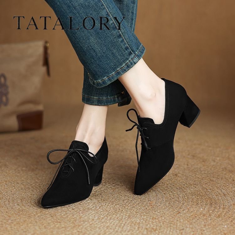 TATALORY女鞋羊皮绒面高跟尖头深口单鞋女时尚系带通勤粗跟及裸靴,淘宝优惠券,粉丝福利购,淘宝优惠卷