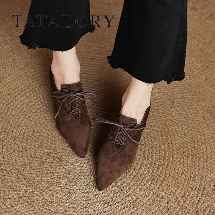 TATALORY女鞋羊皮绒面高跟尖头深口单鞋女时尚系带通勤粗跟及裸靴,淘宝优惠券,粉丝福利购,淘宝优惠卷