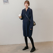 Gestational woman dress Korean version polo turn up t-shirt jacket over kneecap sweater skirt knitted autumn and winter hit undershirt dress