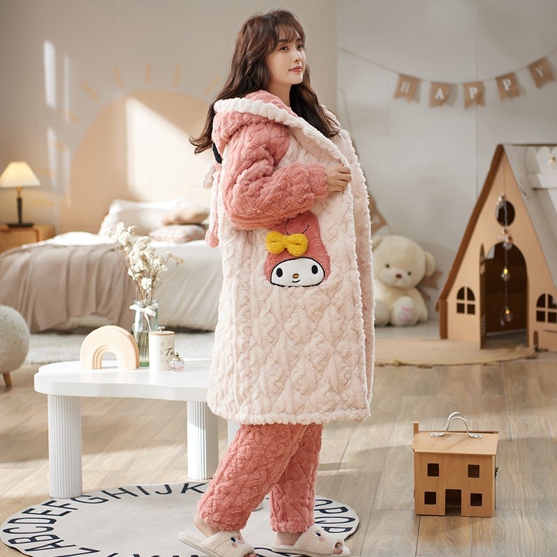 珊瑚绒睡袍女秋冬季款加厚加绒三层夹棉睡衣长款法兰绒家居服套装,淘宝优惠券,粉丝福利购,淘宝优惠卷
