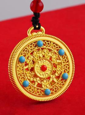 古法镂空黄财神八宝罗盘吊坠男女款仿真沙五福圆满挂坠转运珠项链
