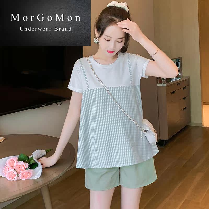 孕妇夏装外出时尚款上衣产检妈短裤 morgomon慕格蔓套装