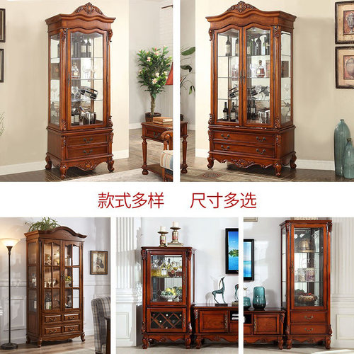 美式乡村实木酒柜 欧式复古客厅酒柜双门玻璃门装饰柜展示边柜 - 图0