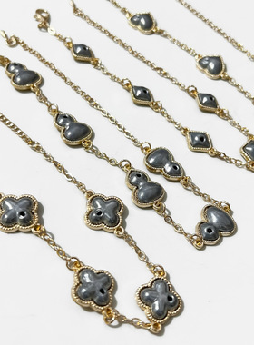 宋锦国风非遗螺钿diy材料四叶草蝴蝶葫芦18K镀金手链底胚带盖子