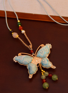 非遗仿宋锦双面蝴蝶项链女款新中式毛衣链吊坠国风旗袍挂件配饰品