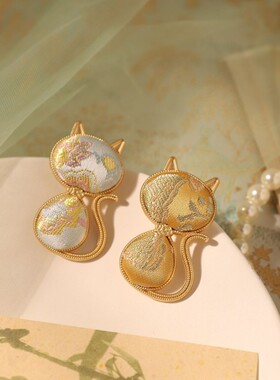 厂家直供新中式仿宋锦猫咪胸针非遗织金汉服旗袍西装饰品配饰