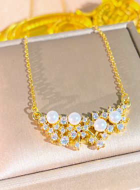 新款轻奢满钻微笑珍珠锁骨链女