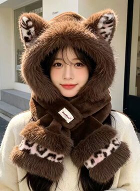 冬季女款狐狸耳毛绒保暖帽子围巾
