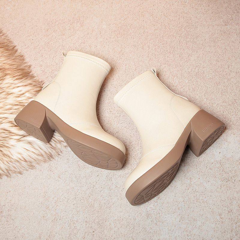 法式小短靴女春秋单靴新款及踝靴粗跟女靴米白色靴子秋冬皮鞋 - 图1