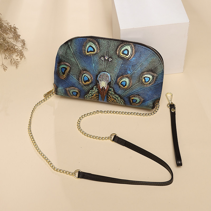 中国风真皮手拿包女士印花斜挎小包 草木生箱包女士包袋