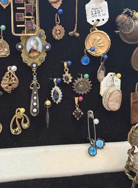 vintage法国古董市集店淘回新艺术浮雕彩色包金纯银星座金属吊坠