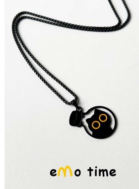 emo 原创漂流瓶小黑猫电镀合金项链情侣百搭配饰挂件吊坠颈饰带