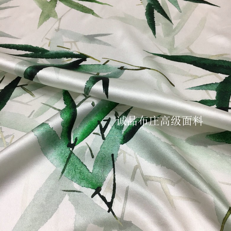 桑蚕丝旗袍布料新品中国风手绘绿竹叶印花宽幅弹力斜纹真丝缎面料 - 图3