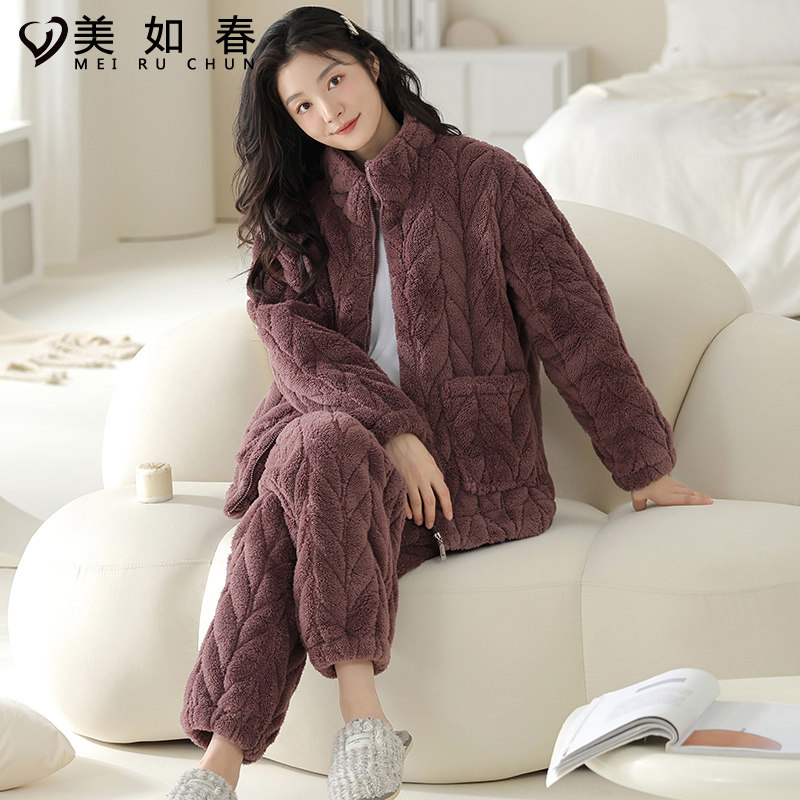夹棉三层加厚冬季女士睡衣2025年新款法兰绒卡通家居服珊瑚绒套装,淘宝优惠券,粉丝福利购,淘宝优惠卷