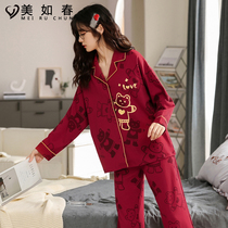 Pure Cotton Pyjamas Woman Spring Autumn Season Long Sleeves Newlyweds Wedding Celebration Wedding Big Red Cartoon Home Conserved Summer Bento Life Suit