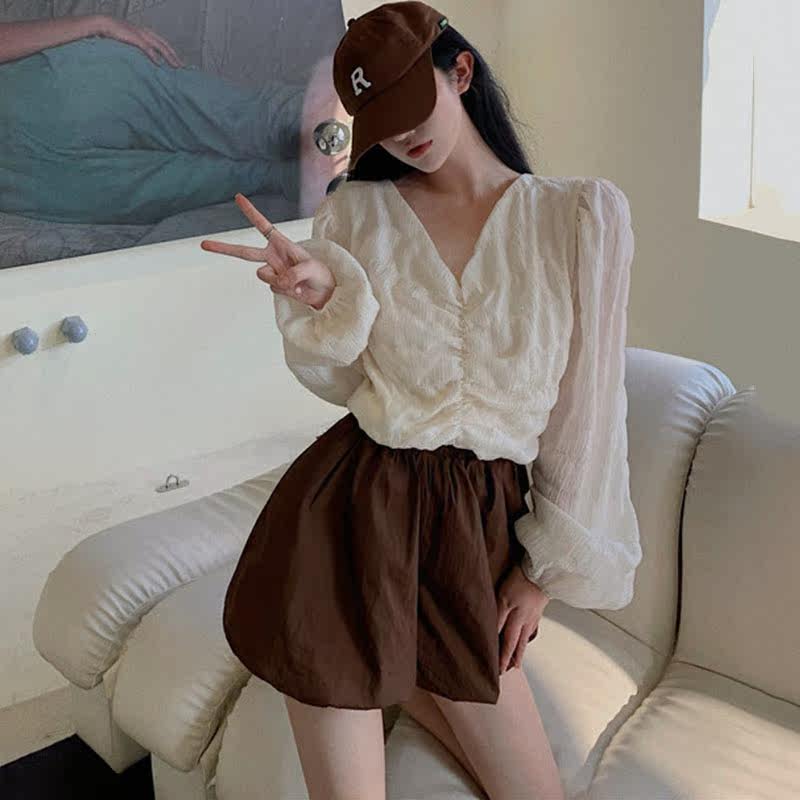 夏季泡泡袖雪纺长袖v领褶皱+衬衫 宝媞奴时尚套装