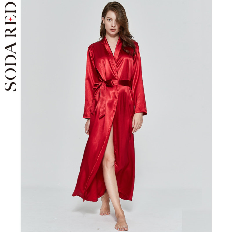 新娘春秋季性感长款浴袍冰丝绸晨袍 苏打红睡袍/浴袍