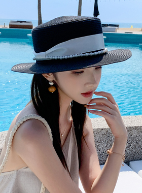 新款英伦防晒平沿草帽女士