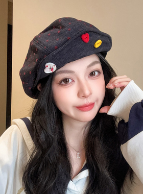 韩系蓝色报童帽女显脸小