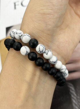 【520好礼】白松石黑磨砂珠子手链套装黑白串珠情侣手链爱心手链
