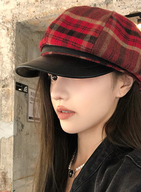 红色格子毛呢八角帽女秋冬季英伦复古贝雷帽2025新款复古报童帽