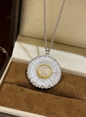 欧美时尚布契风雏菊太阳花项链通体925纯银大号圆形吊坠拉丝褶皱