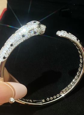 通体925纯银猎豹子手镯开口高级珠宝银饰手环女款轻奢满天星时尚