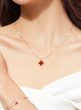 925纯银四叶草项链女红玛瑙吊坠