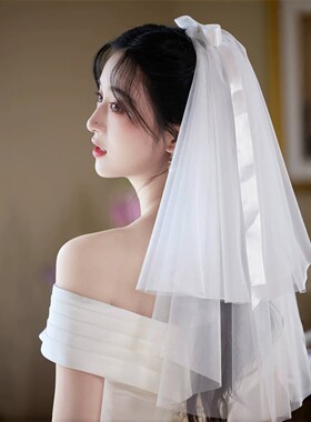 白色蝴蝶结头纱女婚礼拍照蓬蓬纱新娘法式头饰订婚求婚领证头纱