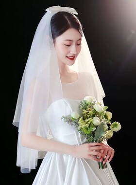 法式风新娘婚纱头纱白色多层超仙森系拍照结婚遮面领证蝴蝶结头饰