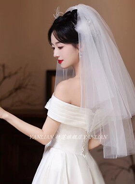 领证求婚头纱登记求婚头饰简约短款新娘结婚主婚纱头饰婚礼小头纱