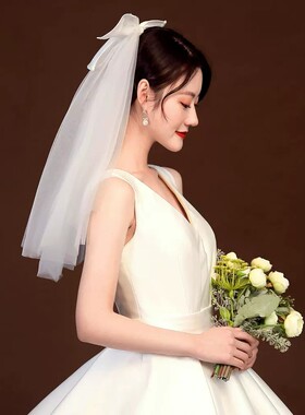 白色蝴蝶结头纱新娘结婚登记拍照双层网纱短款头饰