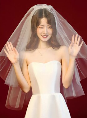 法式新娘结婚头纱超仙素纱白色多层蝴蝶结结婚拍照领证登记道具