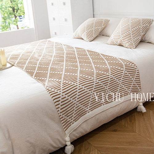 床尾巾奶油风网红酒店床旗针织流苏高档民宿简约床盖新中式搭巾 - 图2